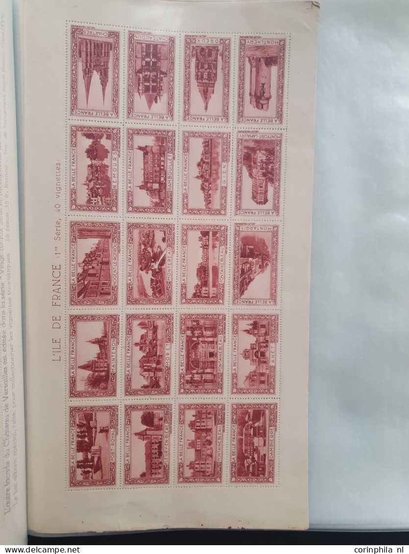 1930-1940 ca., poster stamps, about 70 mainly complete sheetlets of 20 stamps (all different) with city views and landsc