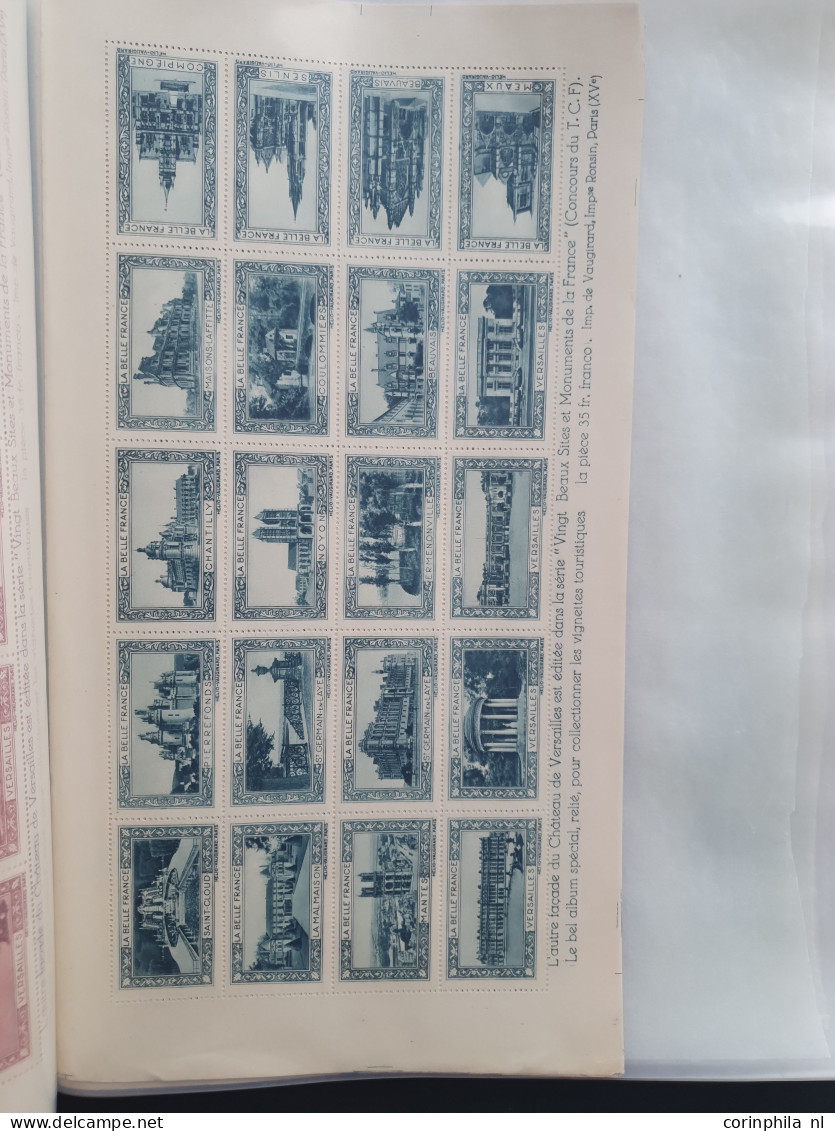 1930-1940 ca., poster stamps, about 70 mainly complete sheetlets of 20 stamps (all different) with city views and landsc