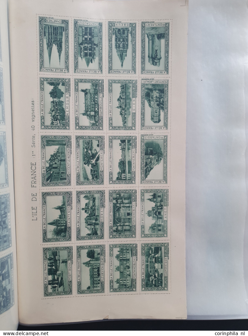 1930-1940 ca., poster stamps, about 70 mainly complete sheetlets of 20 stamps (all different) with city views and landsc