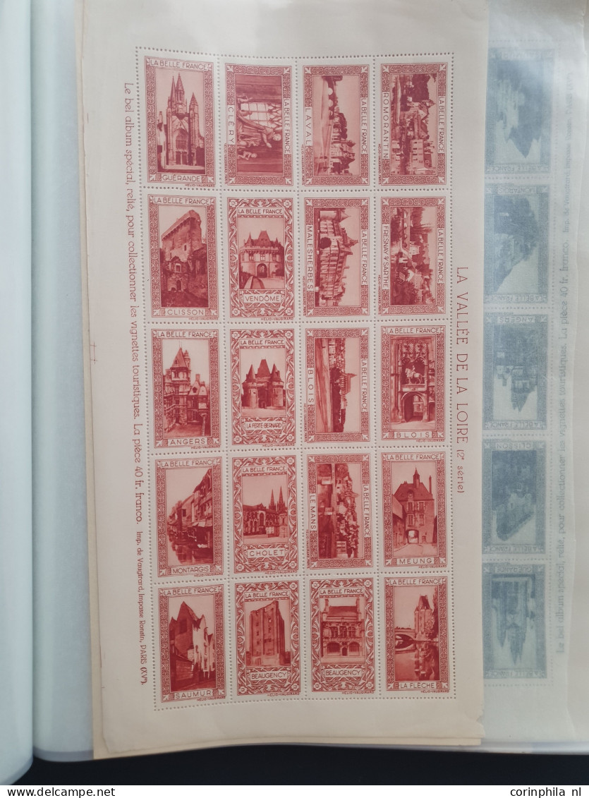 1930-1940 ca., poster stamps, about 70 mainly complete sheetlets of 20 stamps (all different) with city views and landsc