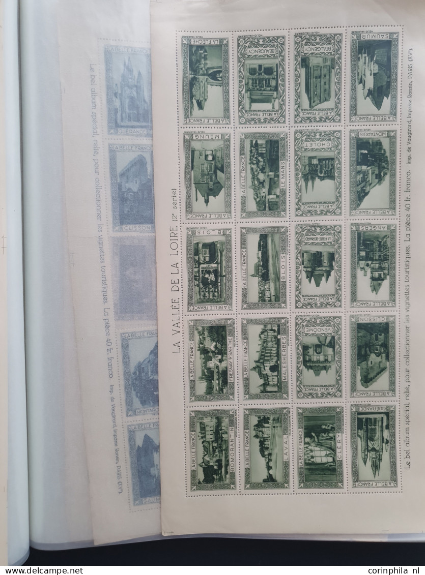 1930-1940 ca., poster stamps, about 70 mainly complete sheetlets of 20 stamps (all different) with city views and landsc