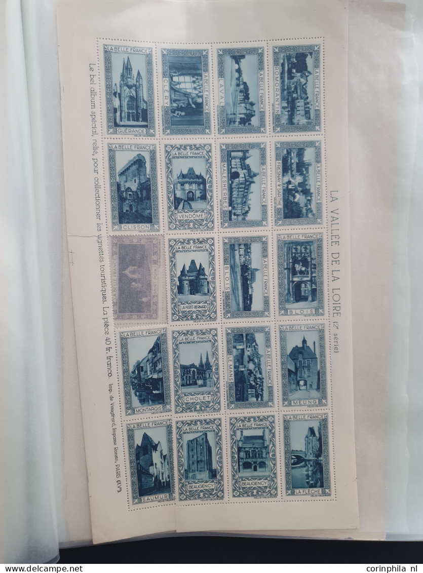 1930-1940 ca., poster stamps, about 70 mainly complete sheetlets of 20 stamps (all different) with city views and landsc