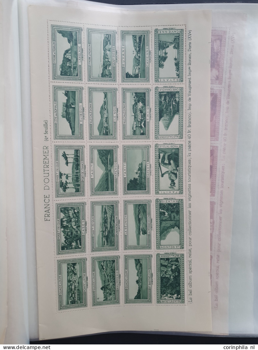 1930-1940 ca., poster stamps, about 70 mainly complete sheetlets of 20 stamps (all different) with city views and landsc