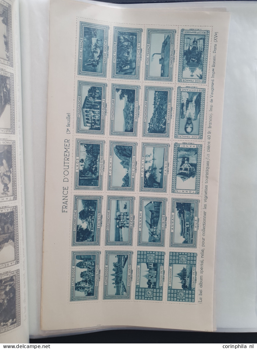 1930-1940 ca., poster stamps, about 70 mainly complete sheetlets of 20 stamps (all different) with city views and landsc