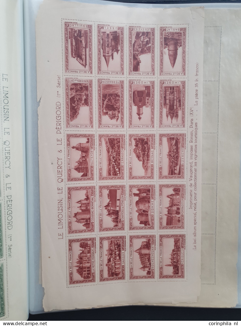 1930-1940 ca., poster stamps, about 70 mainly complete sheetlets of 20 stamps (all different) with city views and landsc