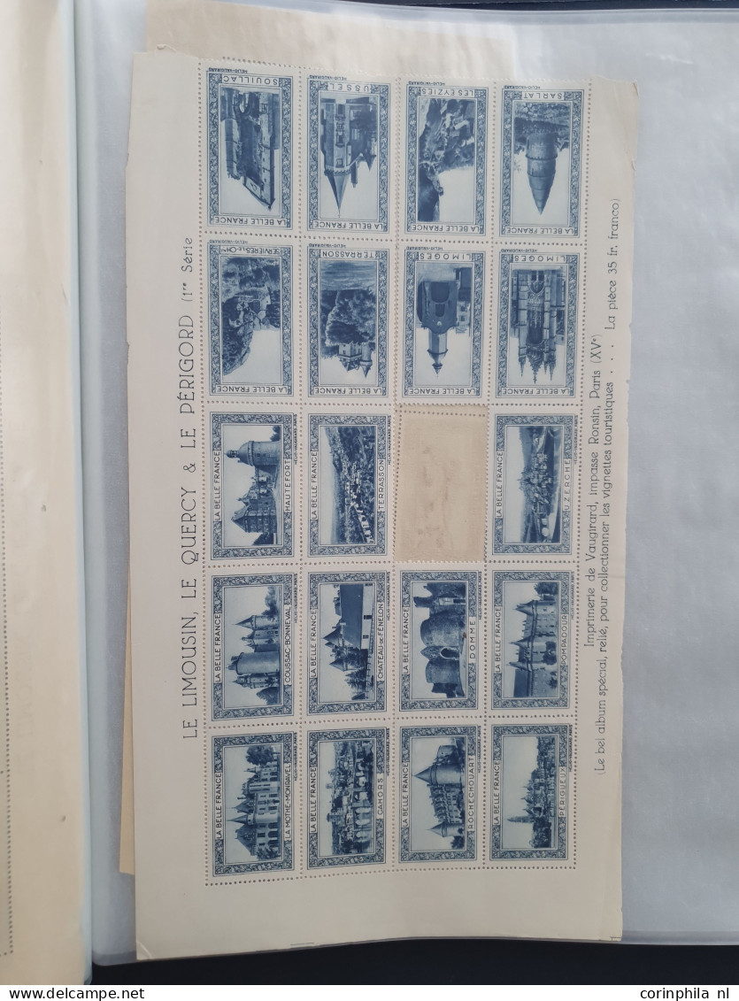 1930-1940 ca., poster stamps, about 70 mainly complete sheetlets of 20 stamps (all different) with city views and landsc