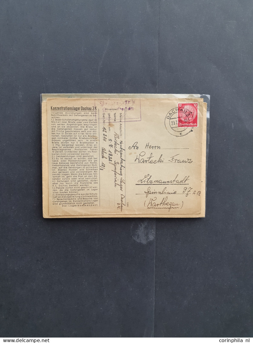 Cover 1940-1944 concentration camp mail (13 covers/postcards) including Auschwitz, Buchenwald, Dachau, Flossenbürg, Maut