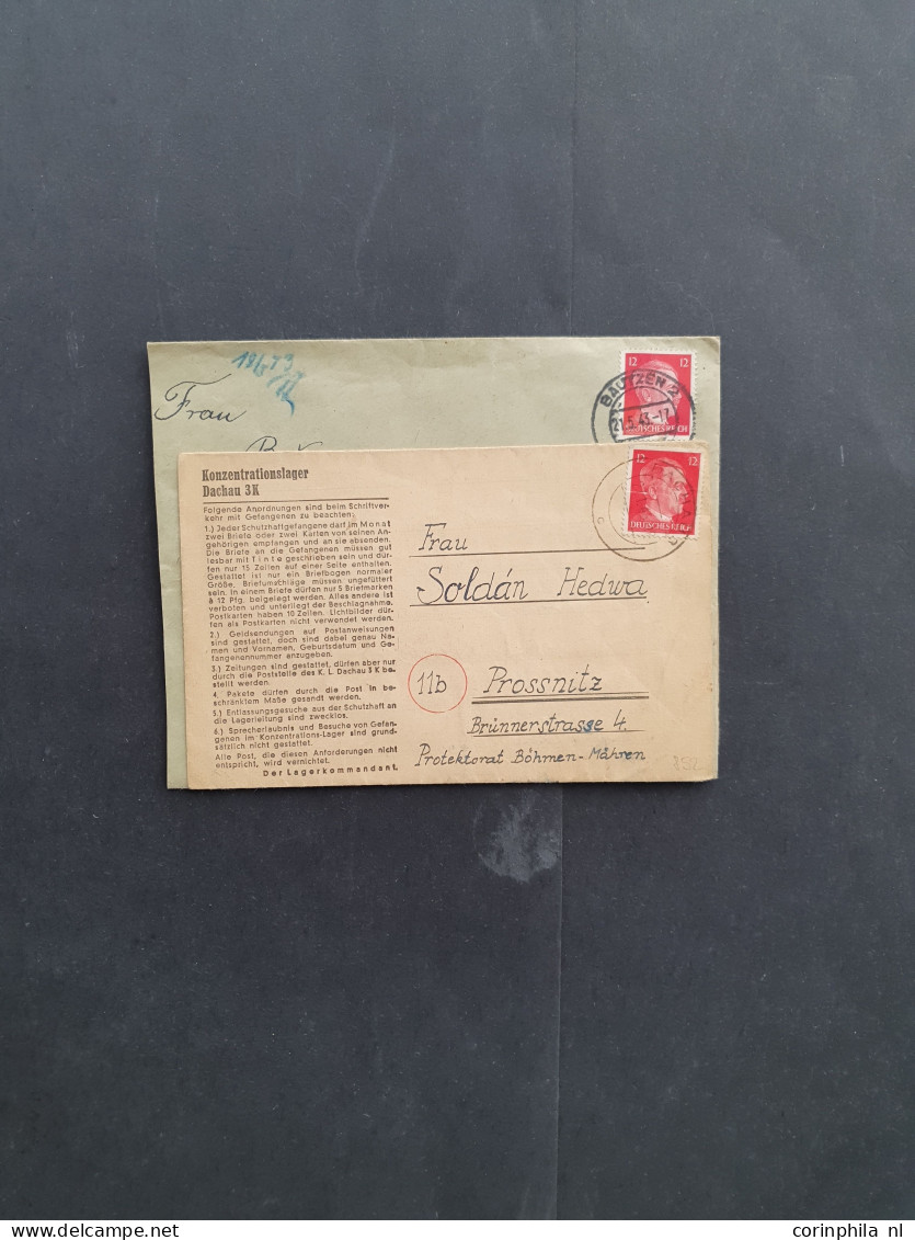 Cover 1940-1944 concentration camp mail (13 covers/postcards) including Auschwitz, Buchenwald, Dachau, Flossenbürg, Maut