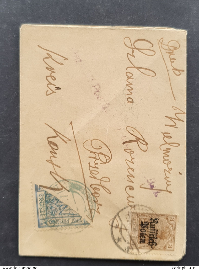 Cover 1918-1921, 4 better covers with a.o. bisected Local post Przedborz 4 groszy (Jungjohann certificate) and Local Pos