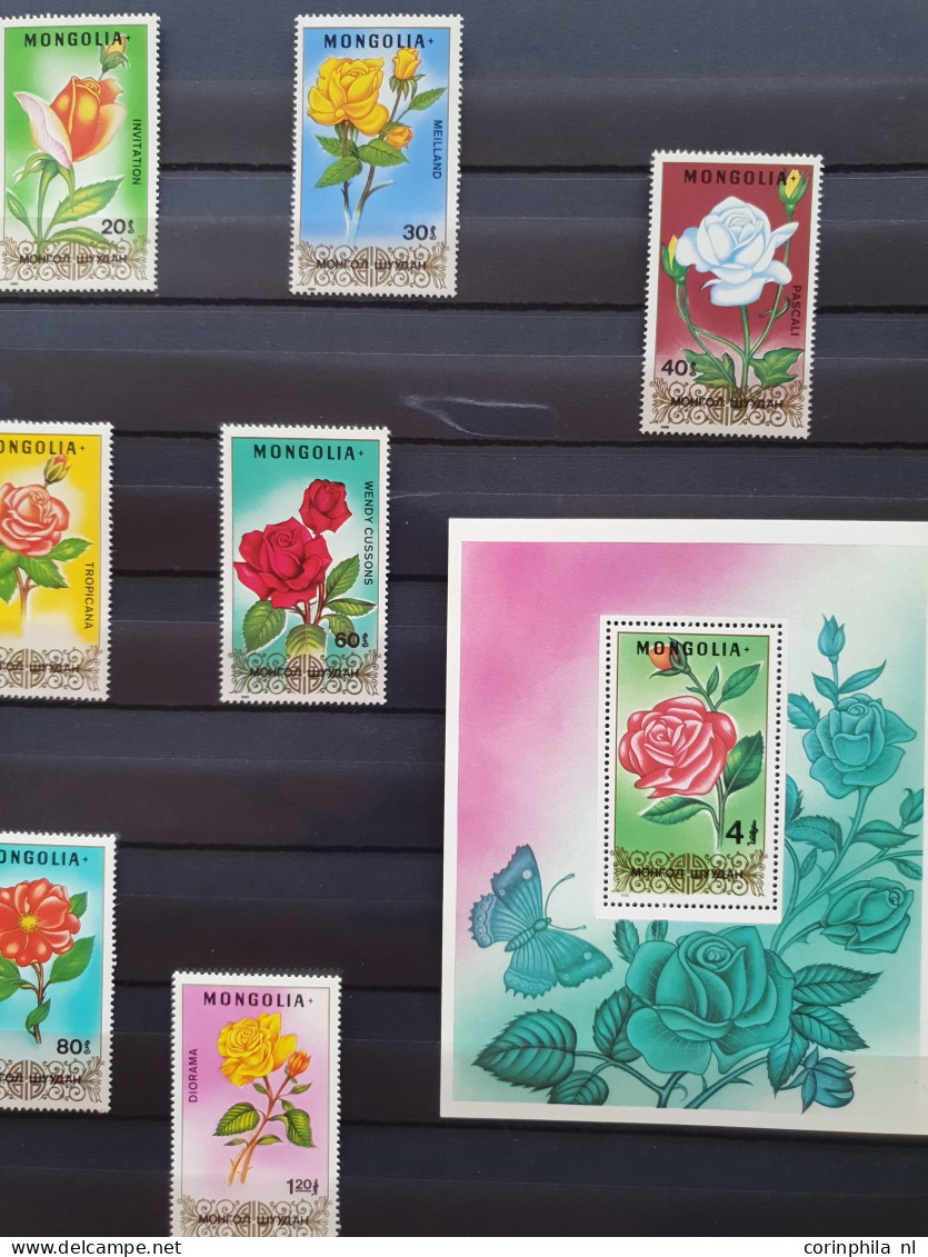 1950-2015 collection Roses (flower) used and */** sorted by country (A-Z) including booklets in 4  stockbooks and 2 enve