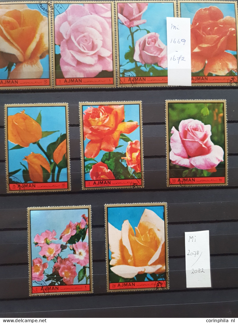 1950-2015 collection Roses (flower) used and */** sorted by country (A-Z) including booklets in 4  stockbooks and 2 enve