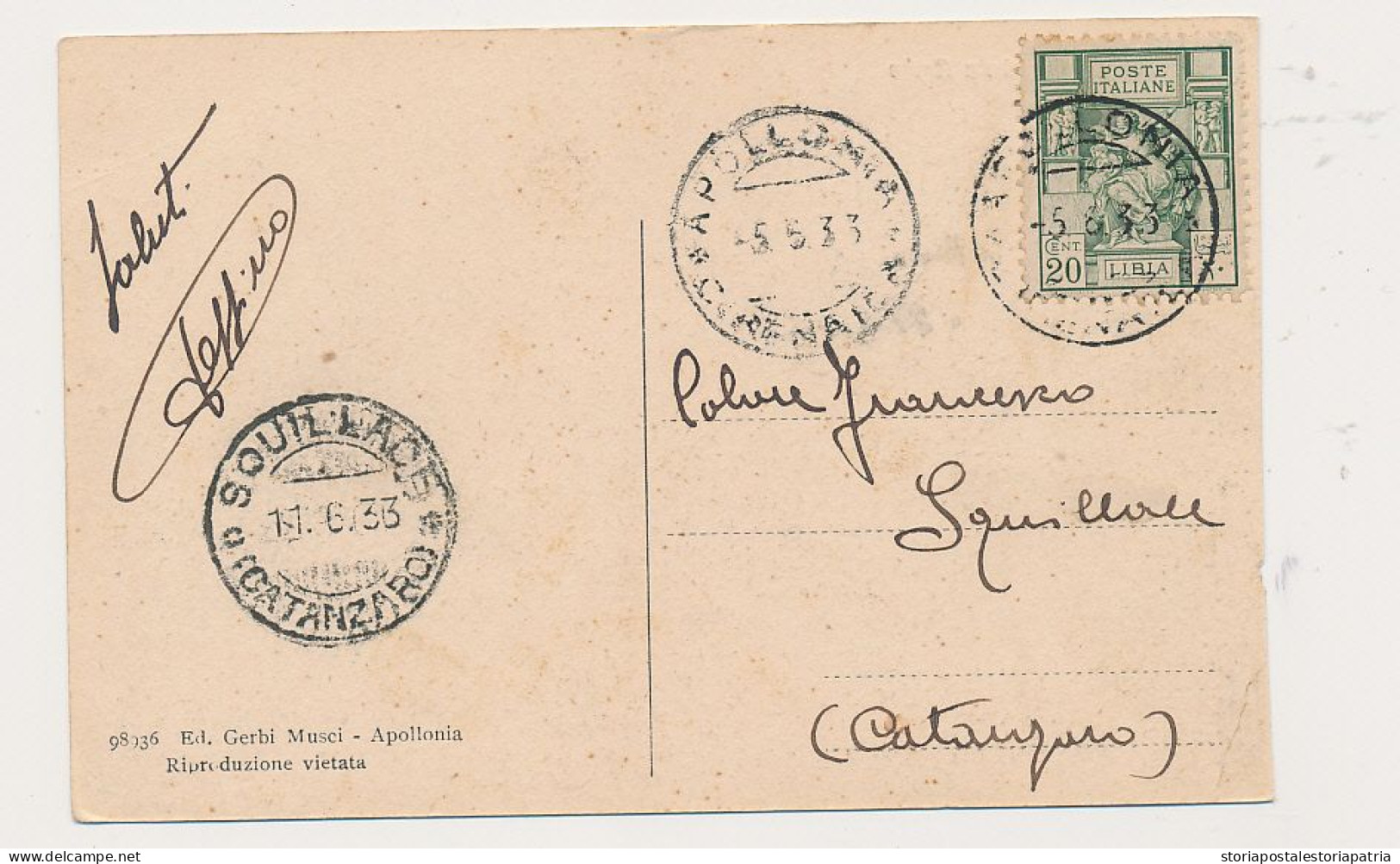 1933 COLONIE ITALIANE APOLLONIA CIRENAICA CARTOLINA QUARTIERE ARABO - Libya