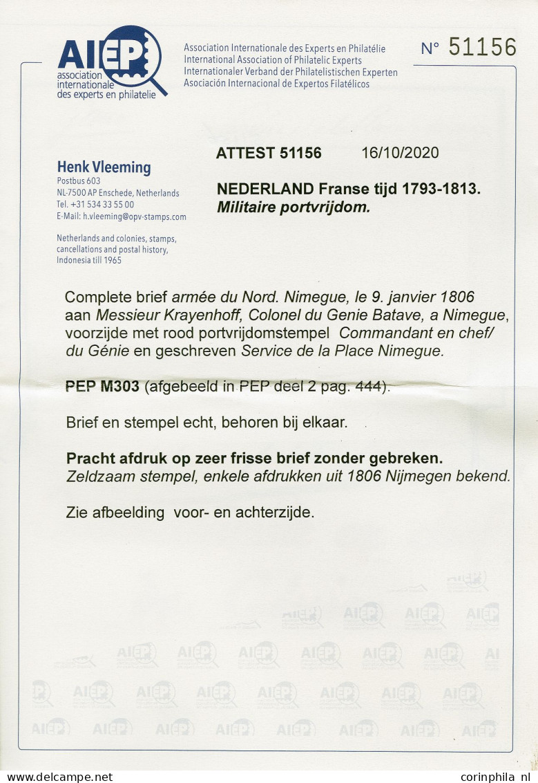 Cover 1806, Commandant En Chef/ Du Génie In Rood, Pracht Afdruk Tweeregelig Portvrijdomstempel Op Lokale Brief Nijmegen  - ...-1852 Préphilatélie