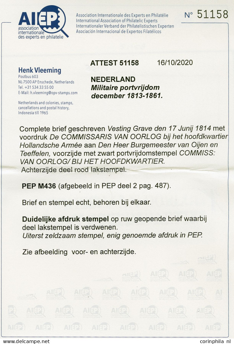 Cover 1814, COMMISSIE VAN OORLOG/ BIJ HET HOOFDKWARTIER In Zwart, Tweeregelig Op Portvrije Brief Van Vesting Grave 17-6- - ...-1852 Precursores