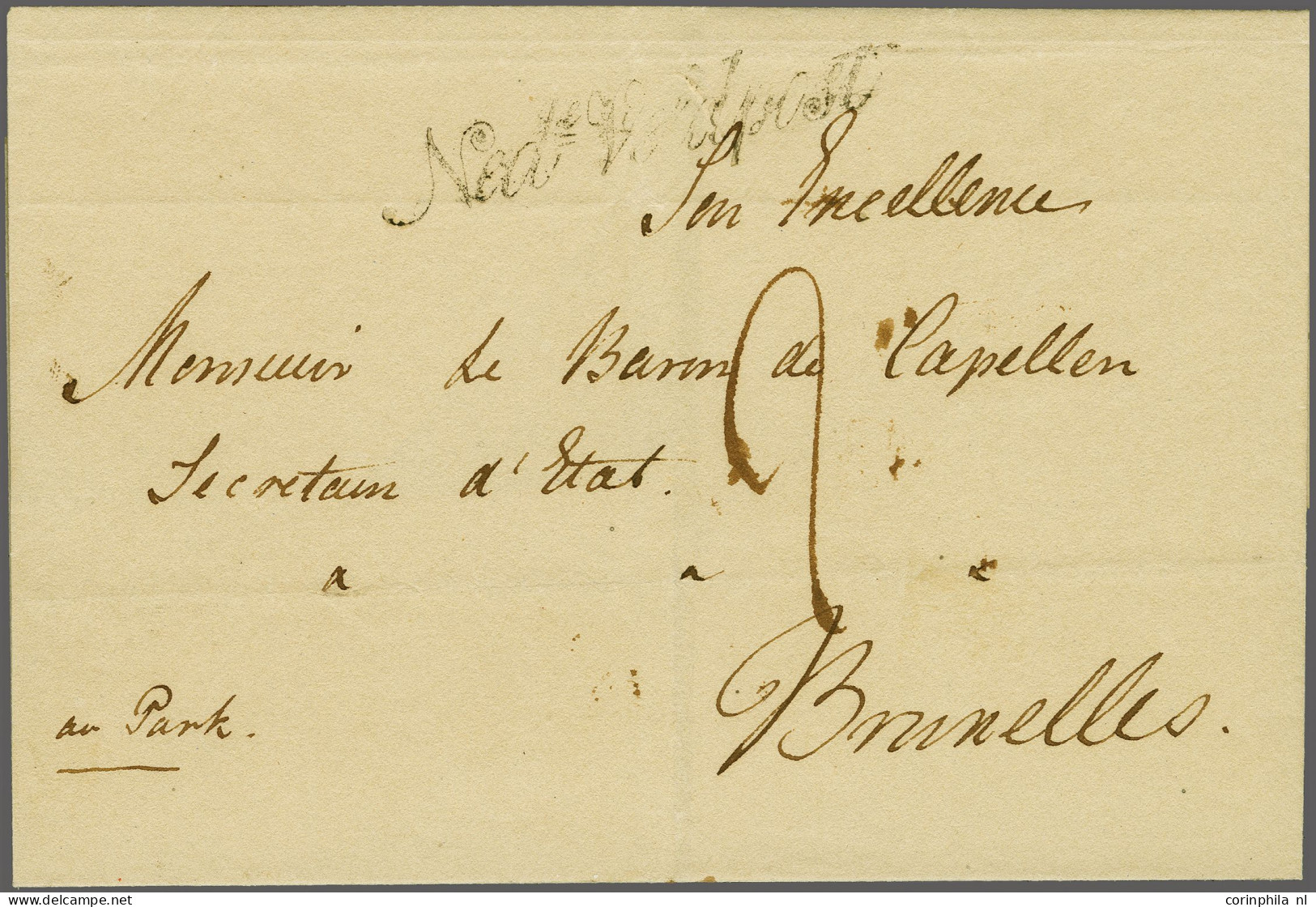 Cover 1815/1816, Ned=se Veldpost In Zwart, Deels Zwak Op Ongedateerde Omslag Naar Bruxelles, Port 2 Déc. Met Certificaat - ...-1852 Préphilatélie