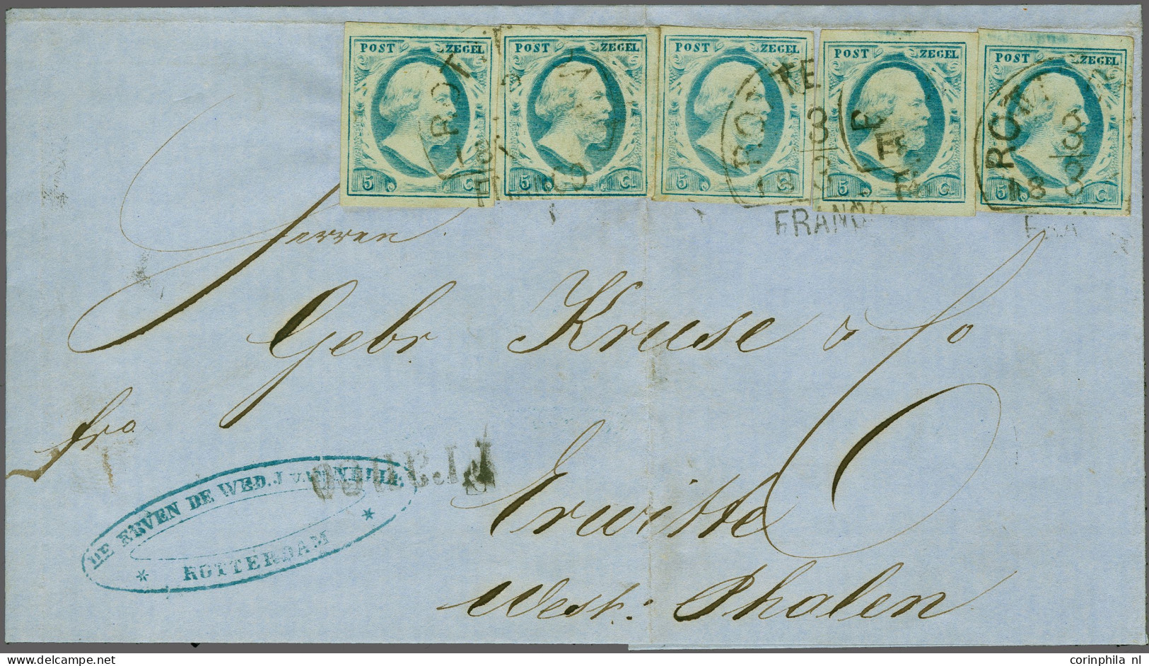 Cover 5 Cent Lichtblauw Plaat IV (5x) Op Briefomslag Van Rotterdam 30-3-1860 Naar Erwitte (Pruissen), Pracht Ex. (omslag - Autres & Non Classés