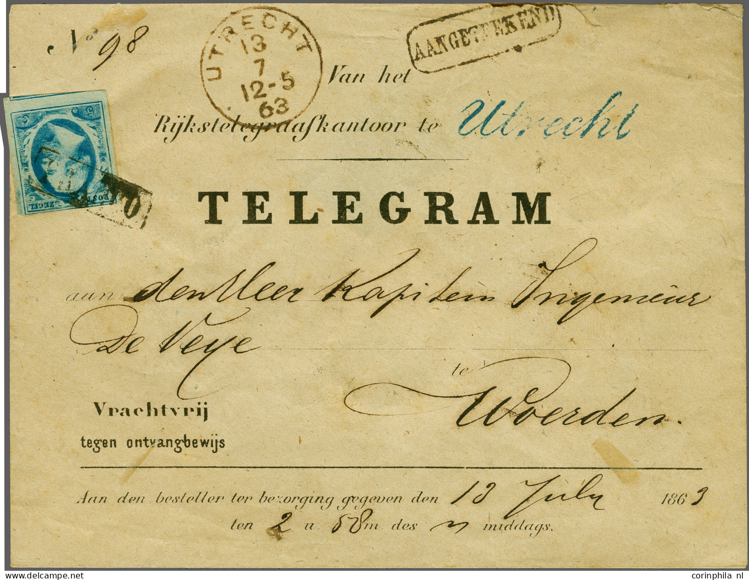 Cover 5 Cent Blauw Plaat VI Op Dik Papier Op Aangetekende Telegram Envelop Van Utrecht 13-7-1863 Naar Woerden, Fraai Ex. - Autres & Non Classés