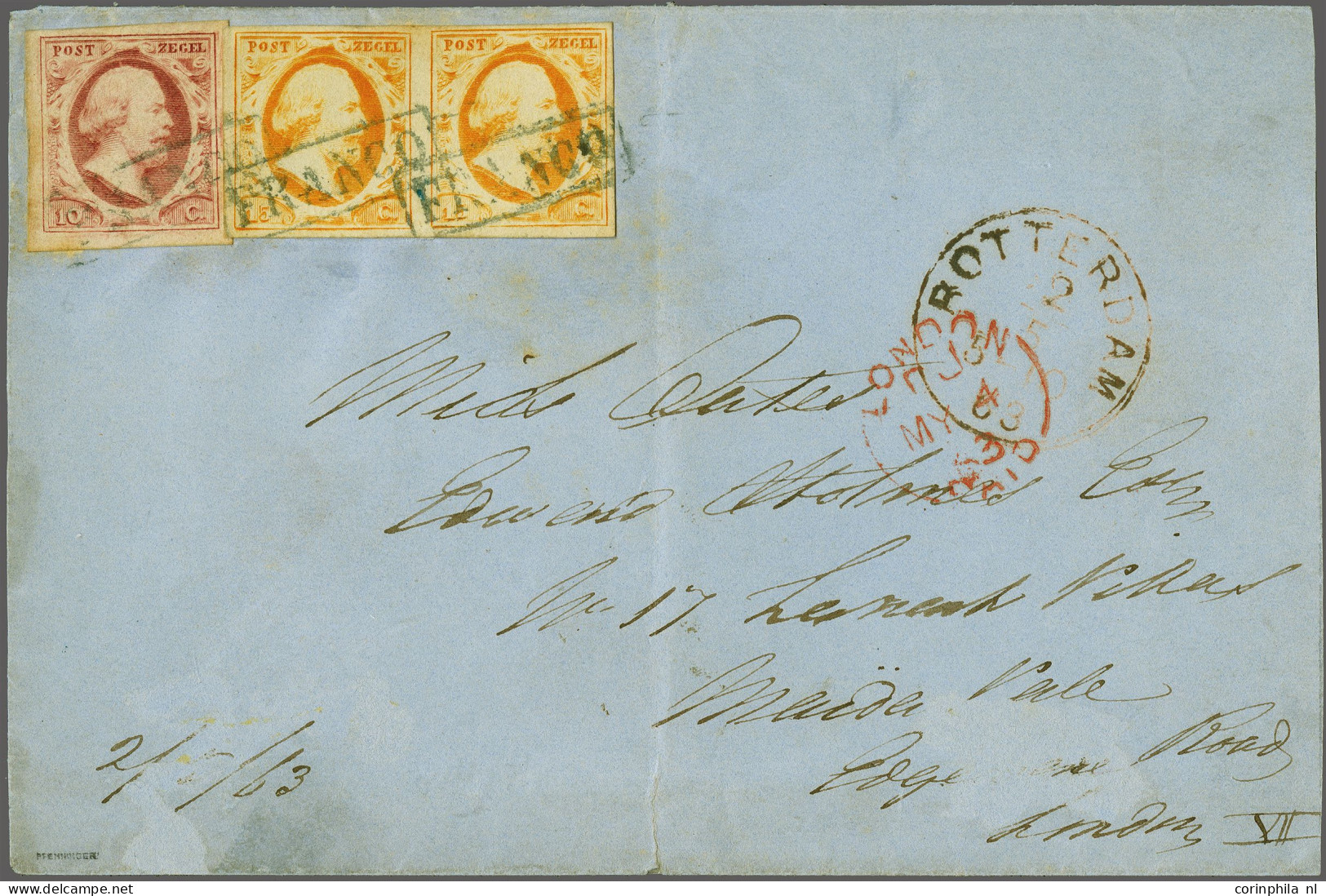 Cover 10 Cent Rood Plaat X Op Dik Papier En 15 Cent Oranje In Paar Op Briefomslag Van Rotterdam 2-5-1863 Naar Londen, Pr - Altri & Non Classificati