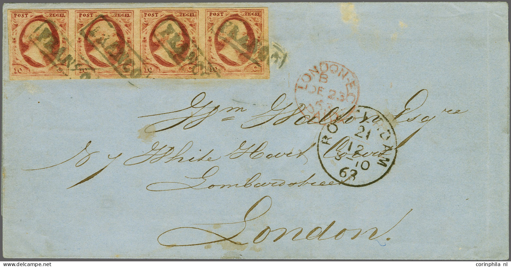 Cover 10 Cent Rood Plaat X Pos. 66-69 Op Dik Papier In Strip Van 4 Op Briefomslag Van Rotterdam 21-12-1863 Naar Londen,  - Autres & Non Classés