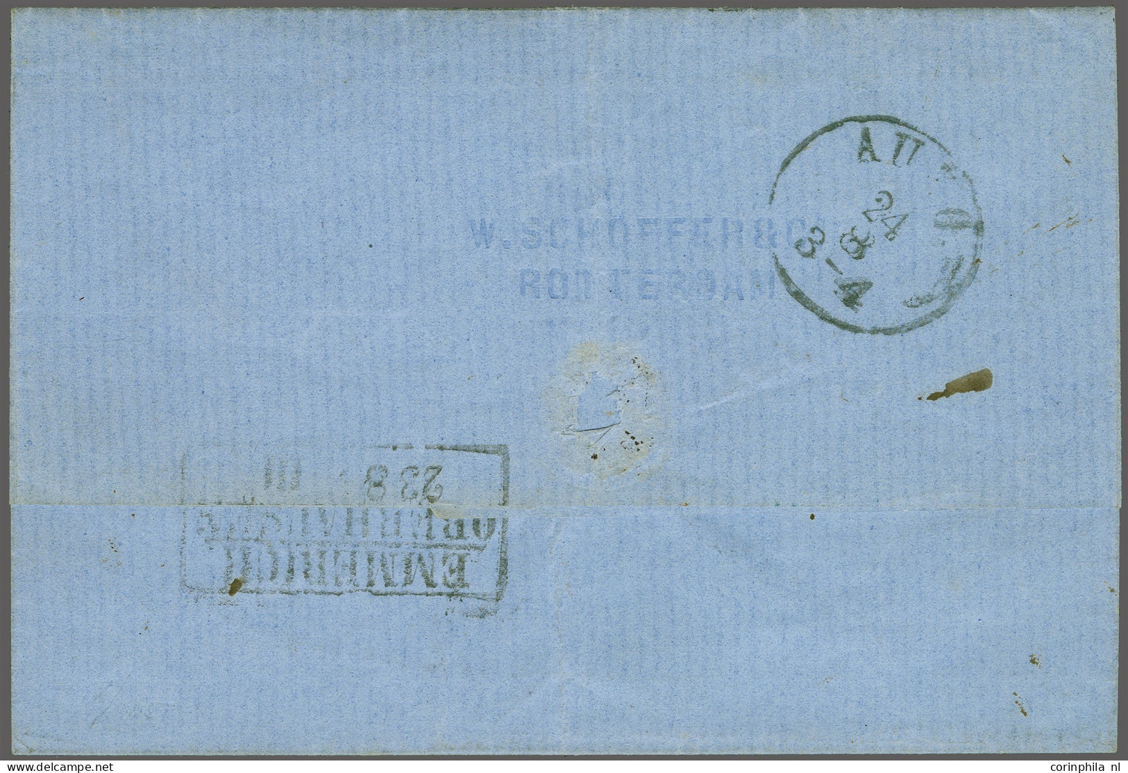 Cover 15 Cent Oranje En Emissie 1864 5 Cent Blauw Op Briefomslag Van Amsterdam 23-8-18?? Via Emmerich Naar Stettin (Prui - Autres & Non Classés