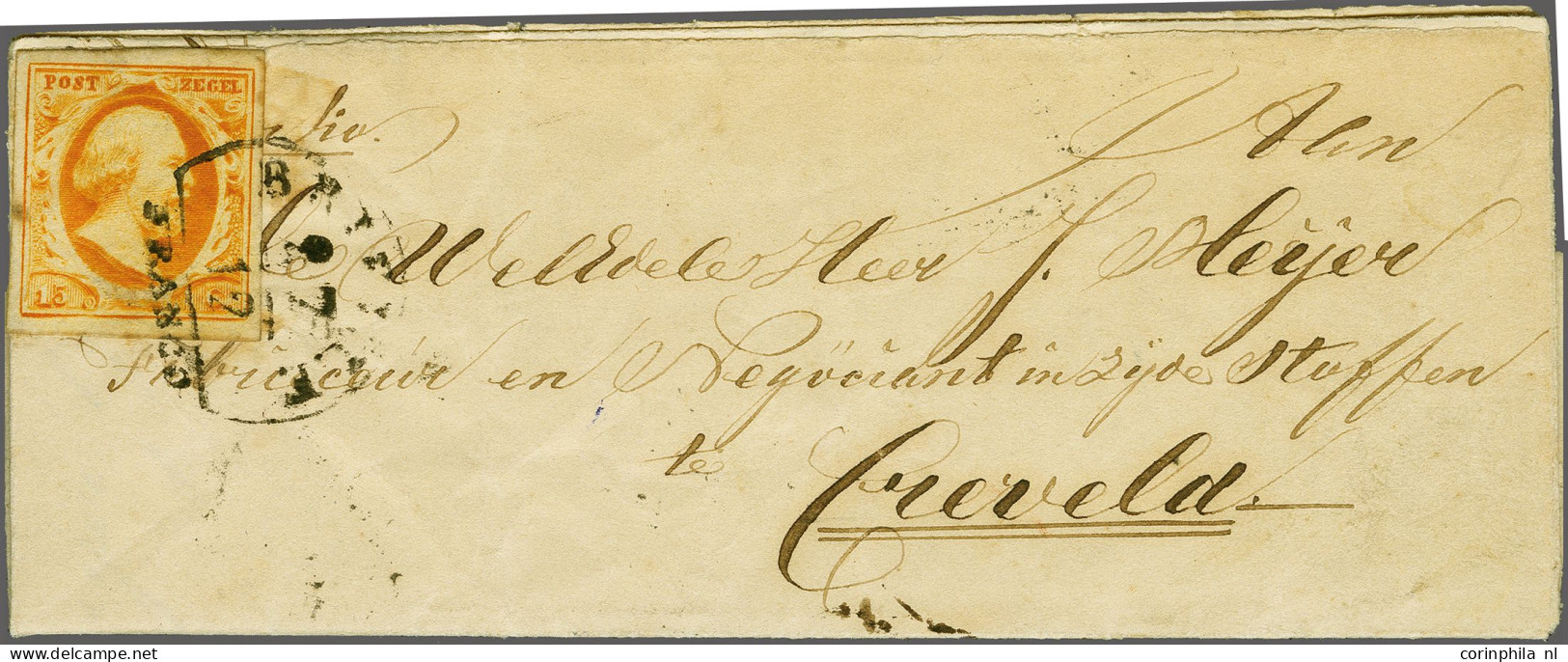 Cover Brielle A (Ey RR) Op 15 Cent Donkeroranje Op Kleinformaat Vouwbrief 27-12-1855 Naar Krefeld (Pruissen), Pracht Ex. - Otros & Sin Clasificación