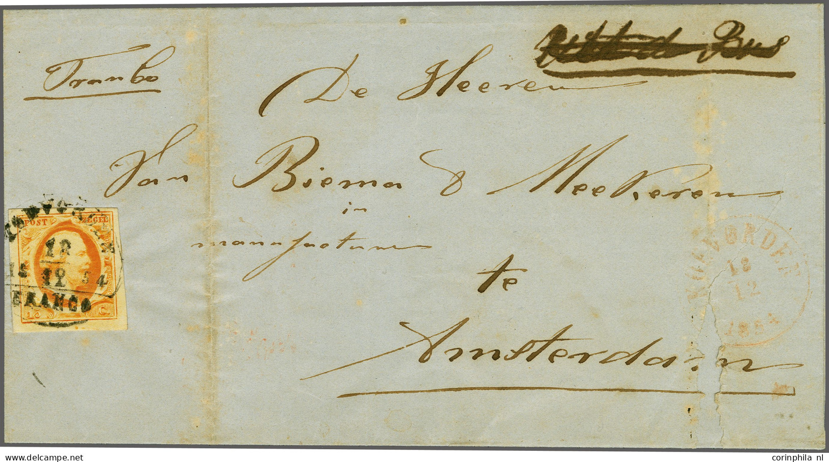 Cover Koevorden B (Ey 700) Op 15 Cent Donkeroranjeop Briefomslag 18-12-1854 Naar Amsterdam, Pracht Ex. (omslag Verticale - Other & Unclassified