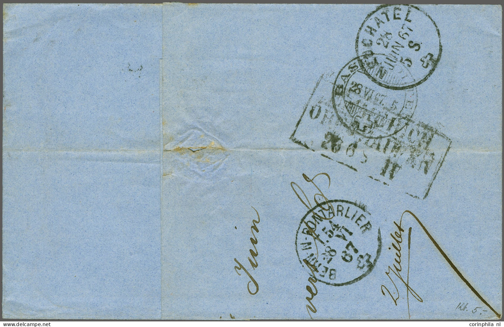 Cover 5 Cent Blauw En 10 Cent Rood (3x) Op Briefomslag Van Amsterdam 26-6-1867 Via Emmerich, Basel En Bern Naar Neuchate - Autres & Non Classés