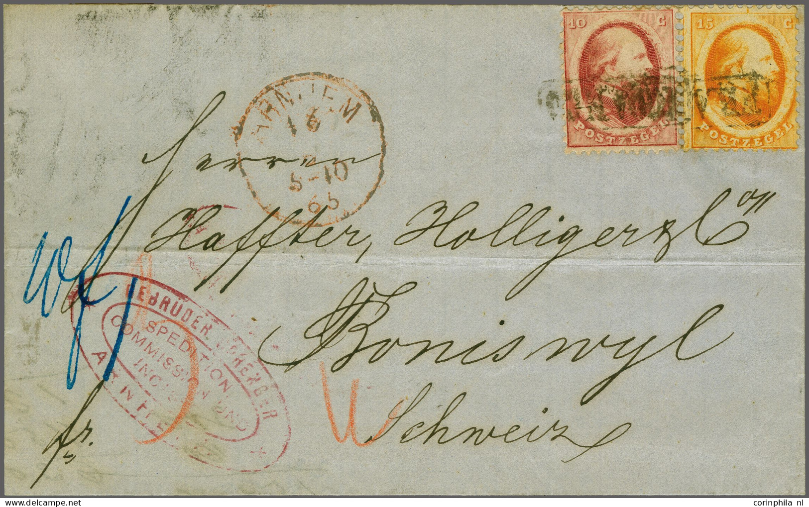 Cover 10 Cent Rood En 15 Cent Oranje Op Briefomslag Van Arnhem 16-6-1865 Via Emmerich En Lenzburg Naar Boniswyl (Zwitser - Otros & Sin Clasificación