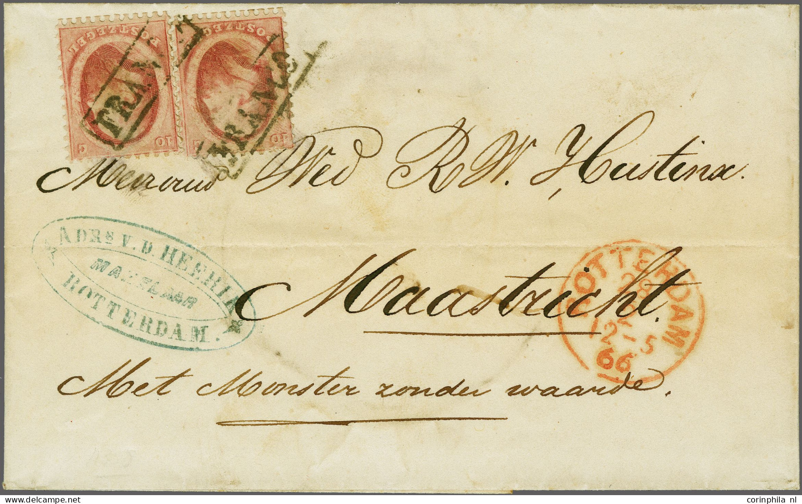 Cover 10 Cent Rood (2x) Op Briefomslag Van Rotterdam 28-2-1866 Naar Maastricht Met Geschreven Met Monster Zonder Waarde, - Altri & Non Classificati