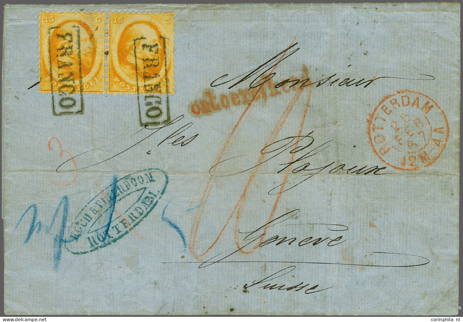 Cover 15 Cent Oranje In Paar Op Vouwbrief Van Rotterdam 25-2-1867 Via Oberhausen Naar Geneve Met Rood Stempel Ontoereike - Altri & Non Classificati