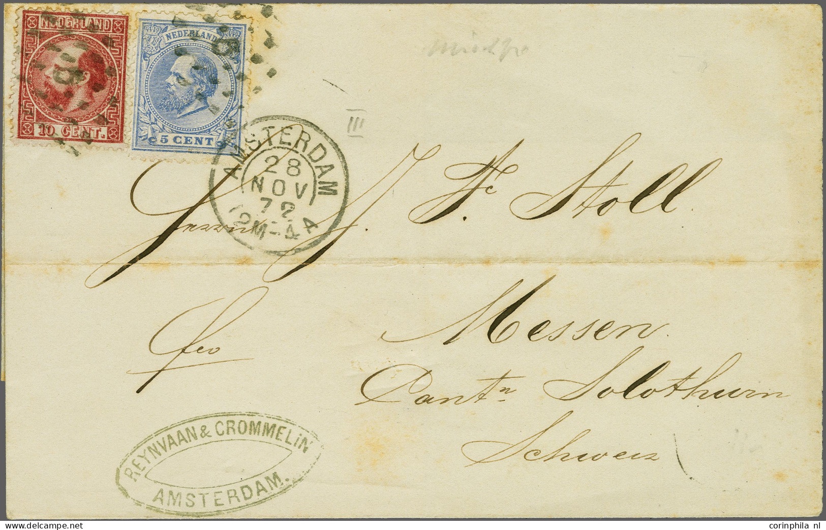 Cover 10 Cent Karmijn En Emissie 1872 5 Cent Blauw Op Briefomslag Van Amsterdam 28-11-1872 Via Solothurn Naar Messen (Zw - Autres & Non Classés