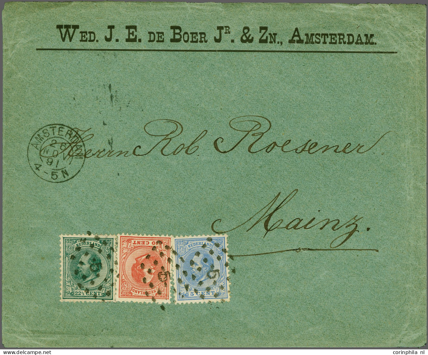 Cover 5 Cent Blauw, 10 Cent Rood En 22½ Cent Blauwgroen Op Envelop Van Amsterdam 26-11-1891 Naar Mainz (Duitsland), Prac - Autres & Non Classés