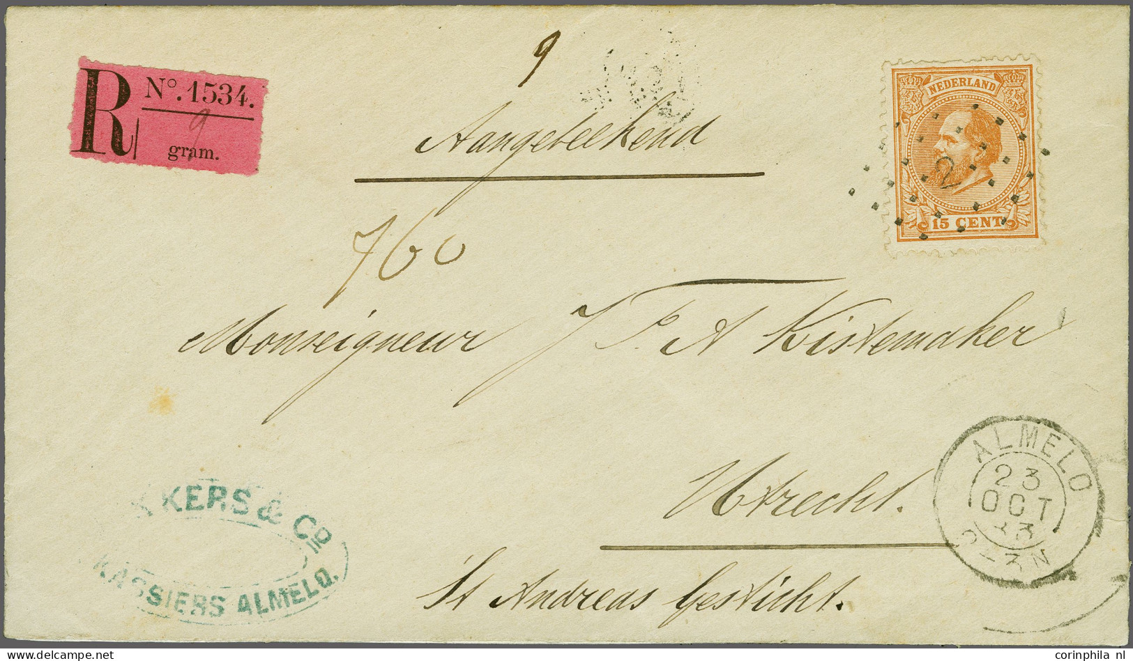 Cover 15 Cent Oranjebruin Op Aangetekende Envelop Met Het Eerste Verticale Strookje Van Almelo 23-10-1883 Naar Utrecht,  - Otros & Sin Clasificación