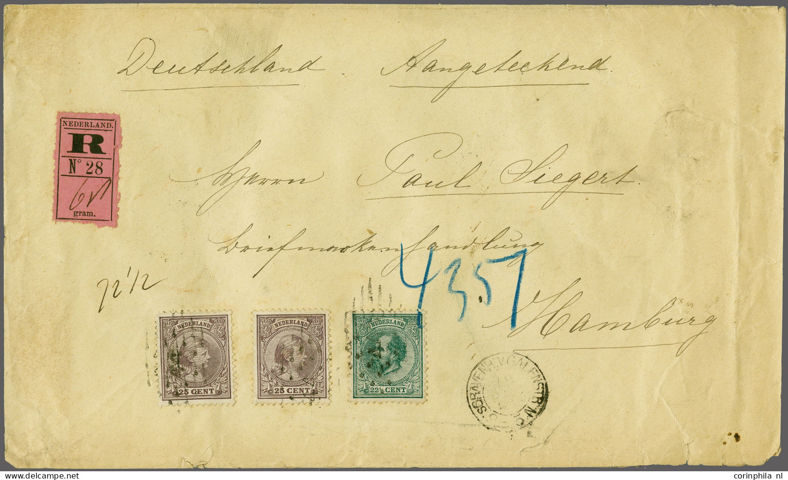 Cover 22½ Cent Blauwgroen En Hangend Haar 25 Cent Lila (2x) Op Aangetekende Envelop Van De 5e Gewichtsklasse Van Den Haa - Sonstige & Ohne Zuordnung