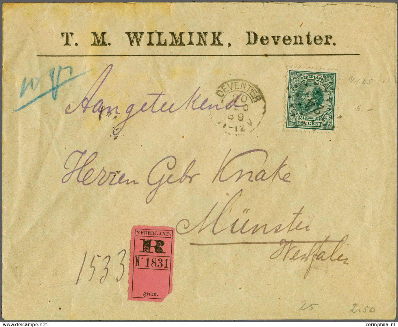 Cover 22½ Cent Blauwgroen Op Aangetekende Envelop Van Deventer 20-12-1889 Naar Münster (Duitsland), Pracht Ex. - Other & Unclassified