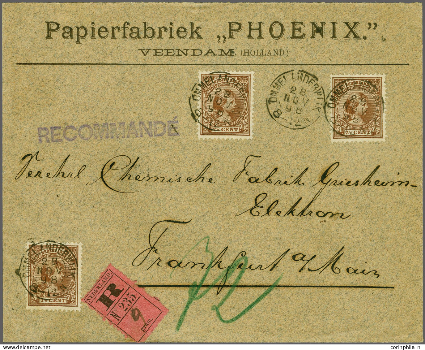 Cover 7½ Cent Bruin (3x) Op Aangetekende Envelop Van Ommelanderwijk 28-11-1898 Naar Frankfurt/Main, Pracht Ex. - Unclassified