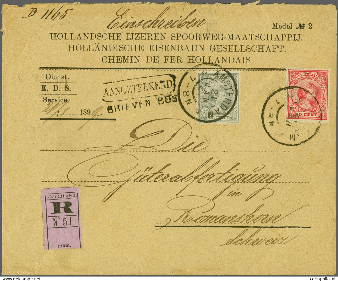 Cover 10 Cent Roze En 12½ Cent Grijs Op Aangetekende Dienst-envelop Van De Hollandsche IJzeren Spoorweg-Maatschappij Van - Unclassified