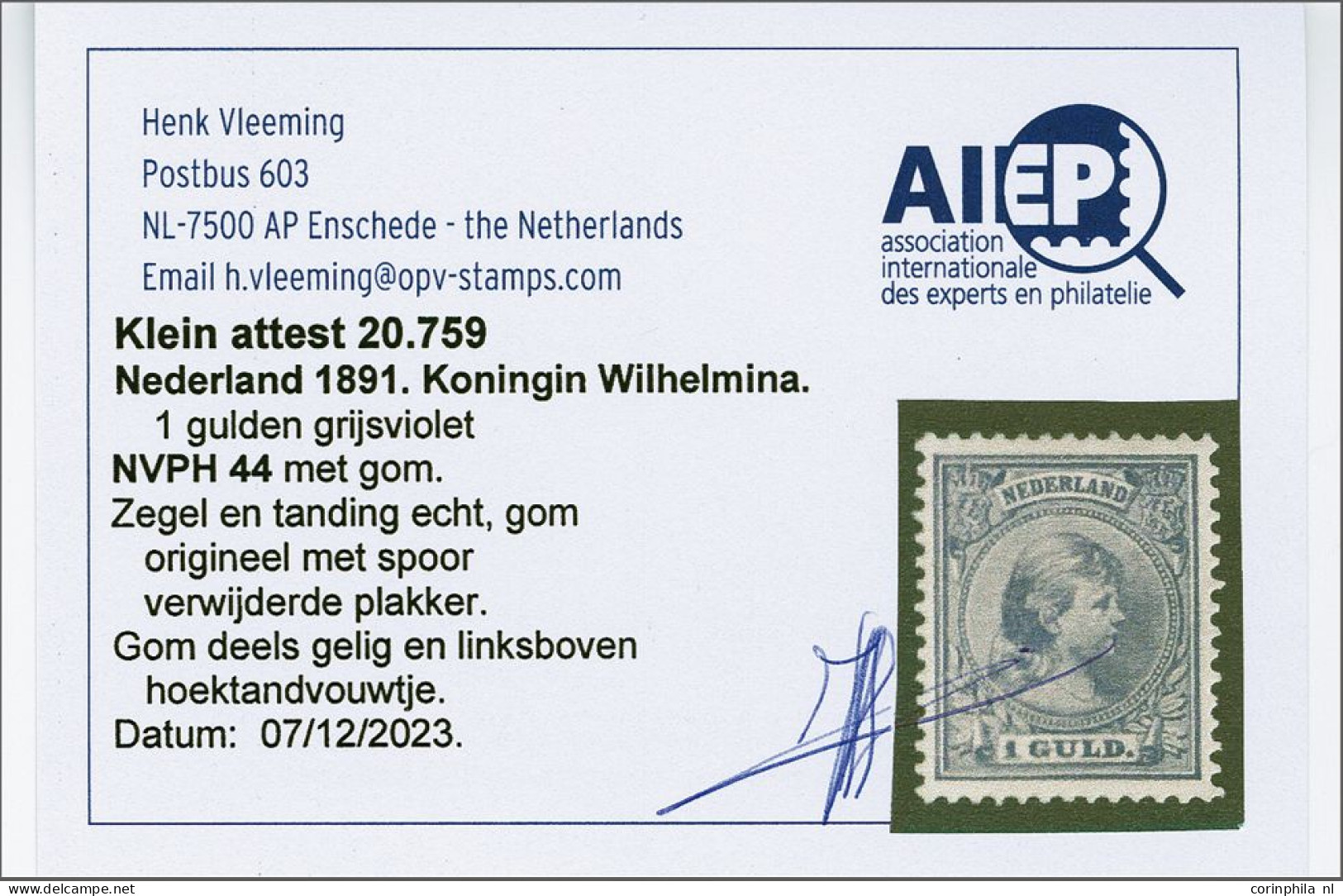 Mounted Mint 1 Gulden Grijsviolet, Pracht Ex. (gom Deels Licht Gelig En Hoektandvouwtje) Met Certificaat Vleeming 2023,  - Non Classificati