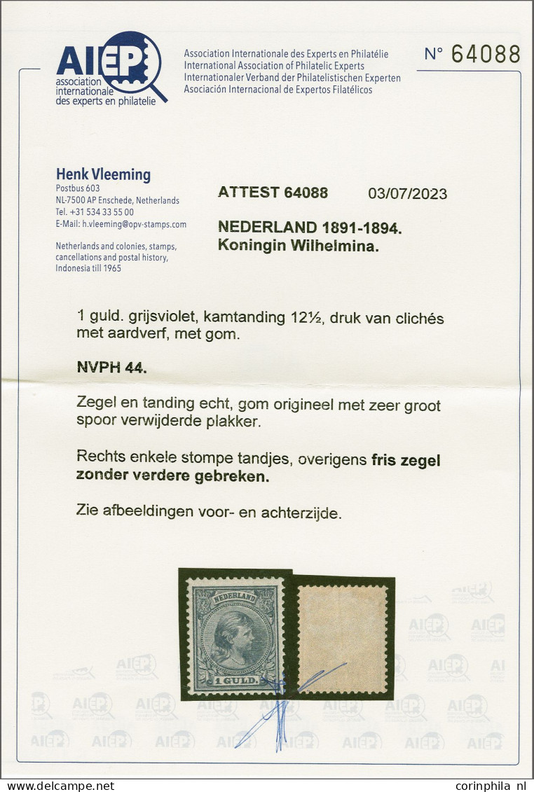 Mounted Mint 1 Gulden Grijsviolet Tanding 12½, Pracht Ex. Met Certificaat Vleeming 2023: Rechts Enkele Stompe Tandjes, O - Non Classés