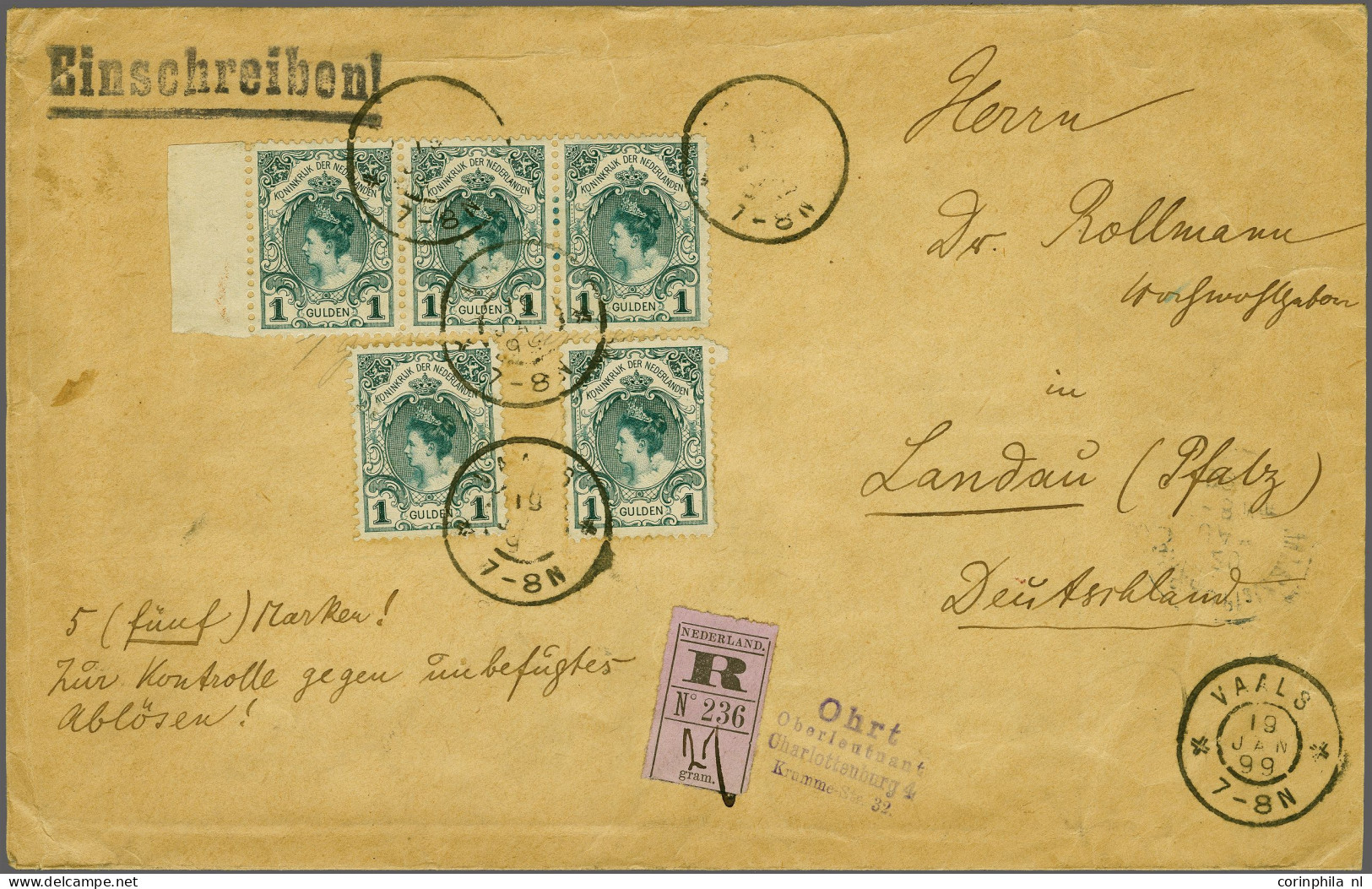 Cover Kroning 1 Gulden Blauwgroen (5x W.b. Randstrip Van 3) Op Grootformaat Aangetekende Envelop Van Vaals 19-1-1899 Naa - Non Classés