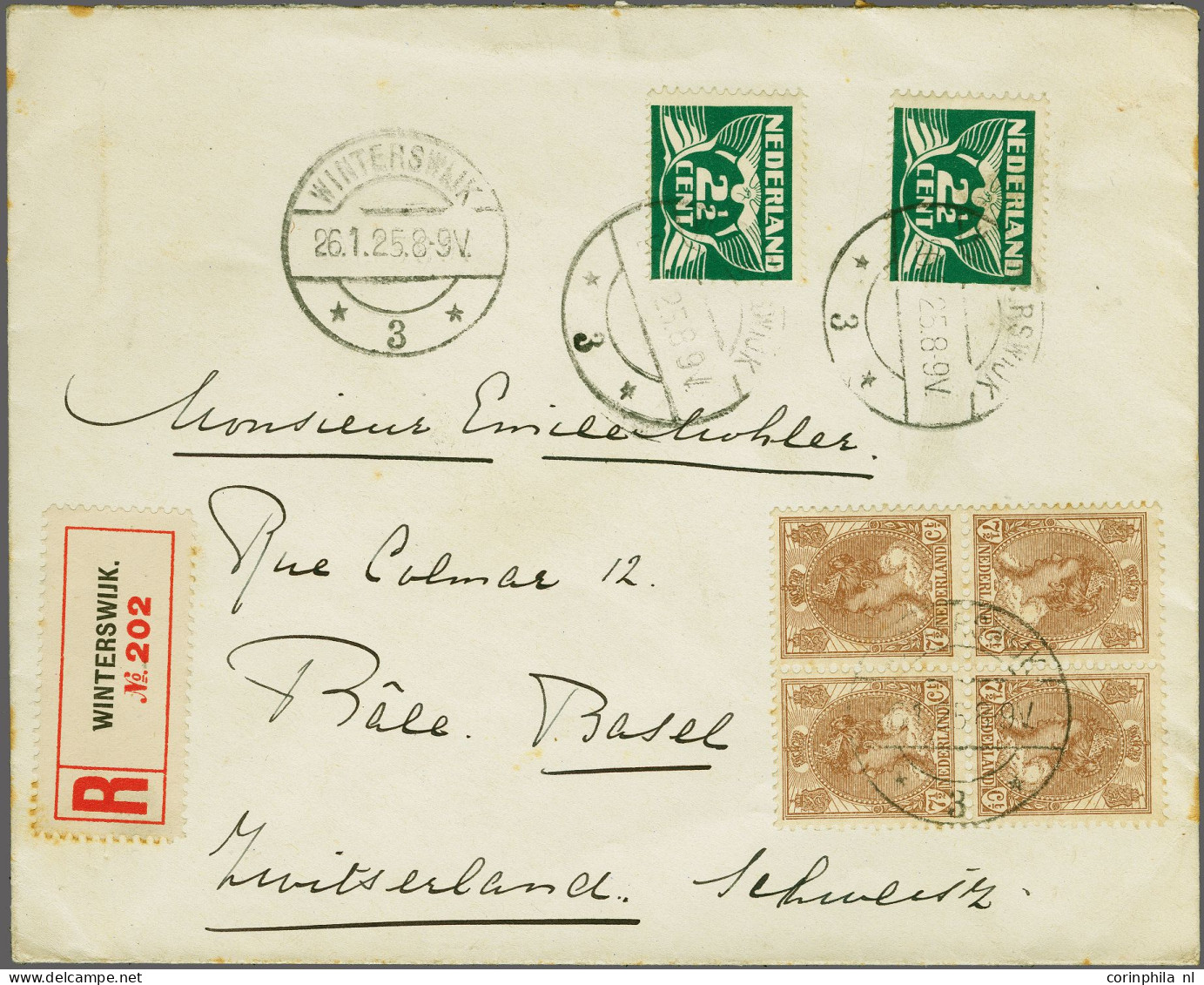 Cover 7½ Cent Bruin Keerdruk Zonder Tussenstrook In Blokpaar Op Aangetekende Envelop Van Winterswijk 26-1-1925 Naar Base - Unclassified