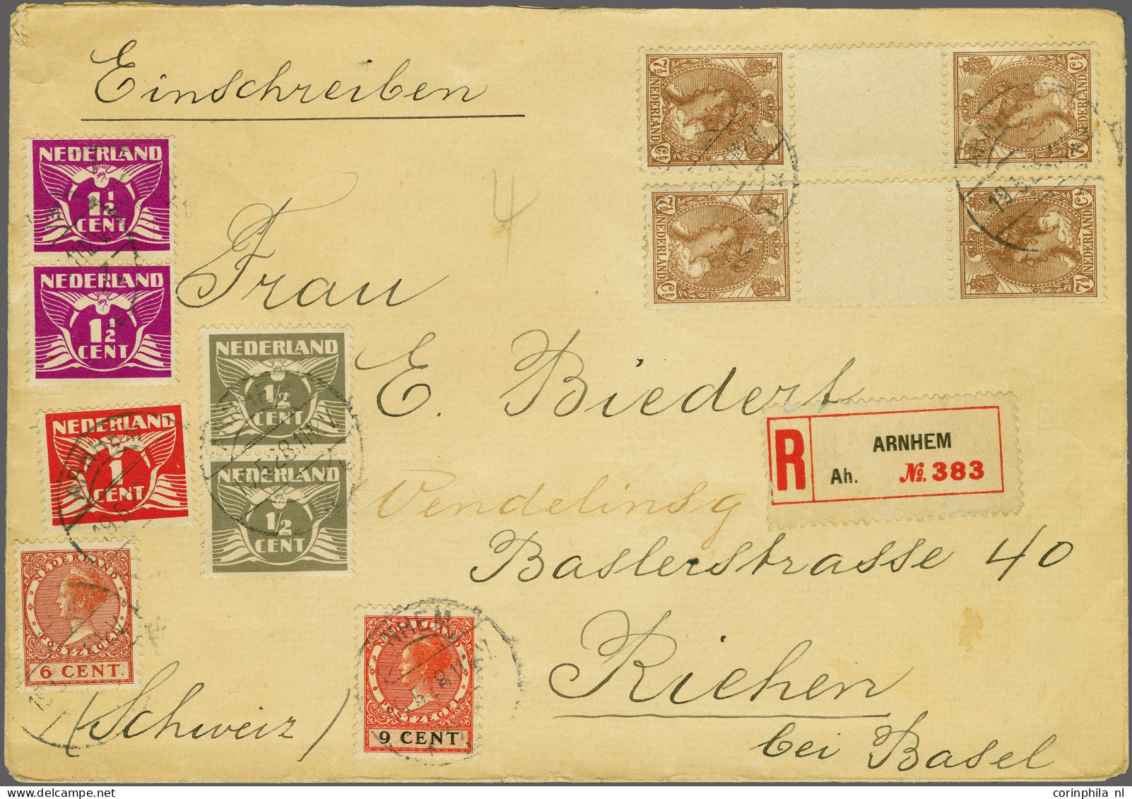 Cover 7½ Cent Bruin In Keerdrukpaar Met Tussenstrook (2x) Op Aangetekende Envelop Van Arnhem 19-5-1928 Naar Riehen (Zwit - Ohne Zuordnung