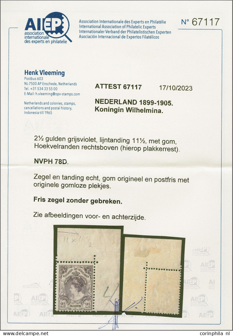 Unmounted Mint 2½ Gulden Grijsviolet Tanding 11½ Met Hoekvelrand (plakkerrestje Op Velrand) En Certificaat Vleeming 2023 - Unclassified