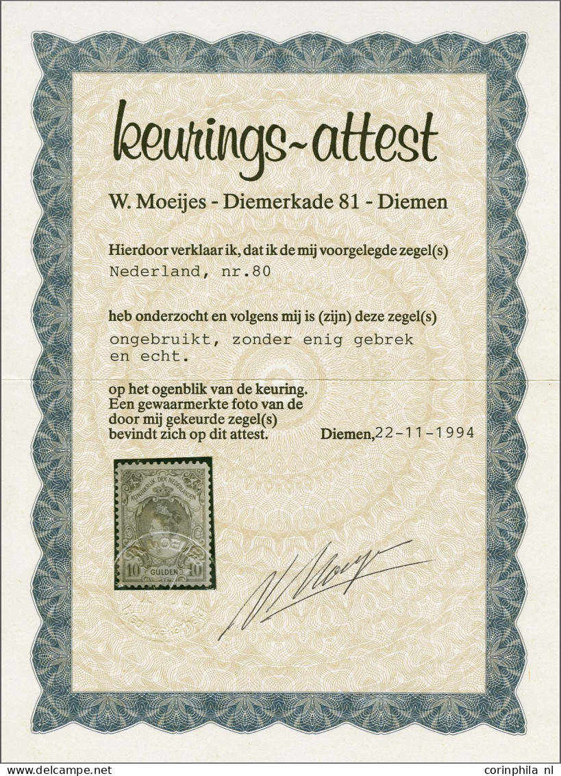 Mounted Mint 10 Gulden Oranje, Pracht Ex. Met Certificaat Moeijes 1994, Cat.w. 950 - Unclassified