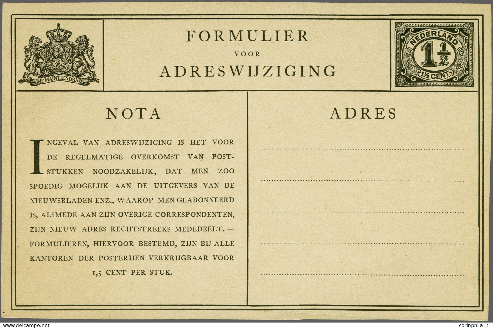 Cover Proef In Zwart Van Verhuiskaart G.1 Op Dik Grijsachtig Karton Met Blanco Achterzijde, Pracht Ex. - Postal Stationery