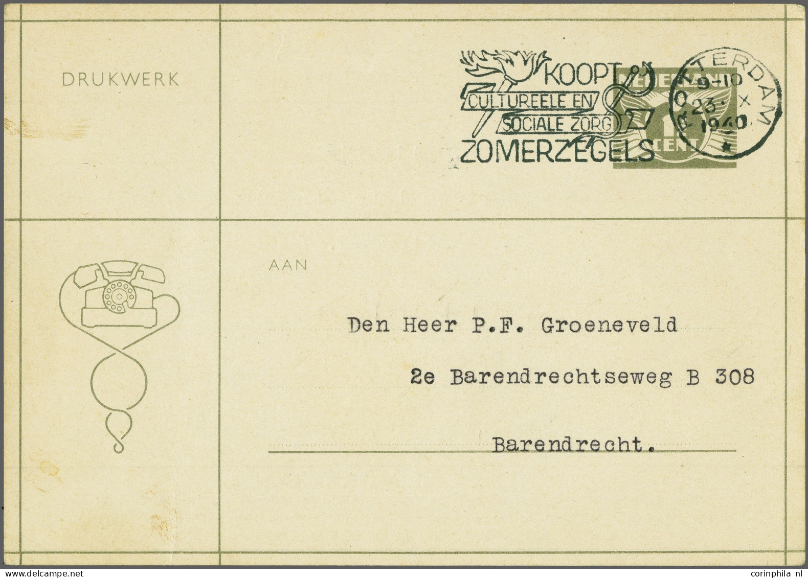 Cover Briefkaart Lebeau 1½ Cent Grijs Formulier Kennisgeving Van Telefoonnummer, Machinestempel Rotterdam 23-10-1940 Nie - Material Postal