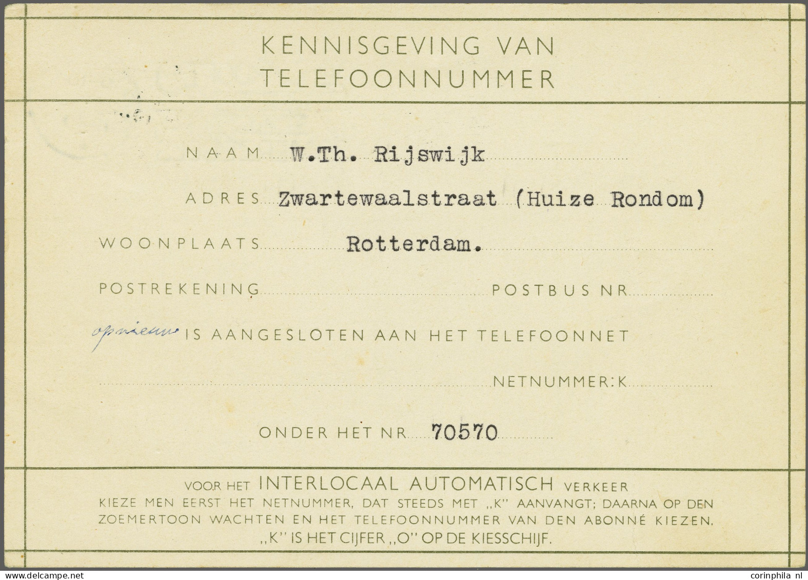 Cover Briefkaart Lebeau 1½ Cent Grijs Formulier Kennisgeving Van Telefoonnummer, Machinestempel Rotterdam 23-10-1940 Nie - Entiers Postaux