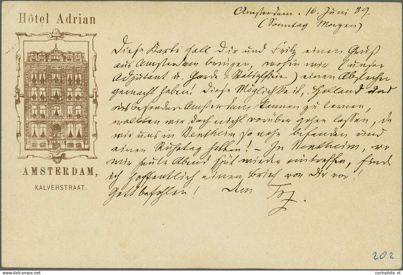 Cover Amsterdam - Hotel Adrian Kalverstraat, Front Zicht Met Sieromlijsting, Bijdruk Donkerlila, 5 Cent Willem III Verst - Postal Stationery