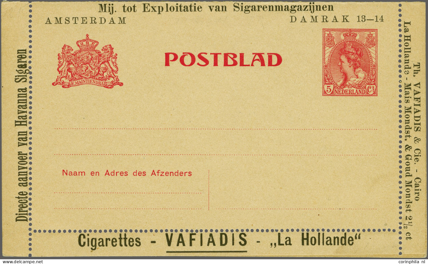 Cover Postblad Met Reclame Bontkraag 5 Cent Karmijn - 1909-1911 Mij. Tot Exploitatie Van Sigarenmagazijnen, Amsterdam Da - Material Postal