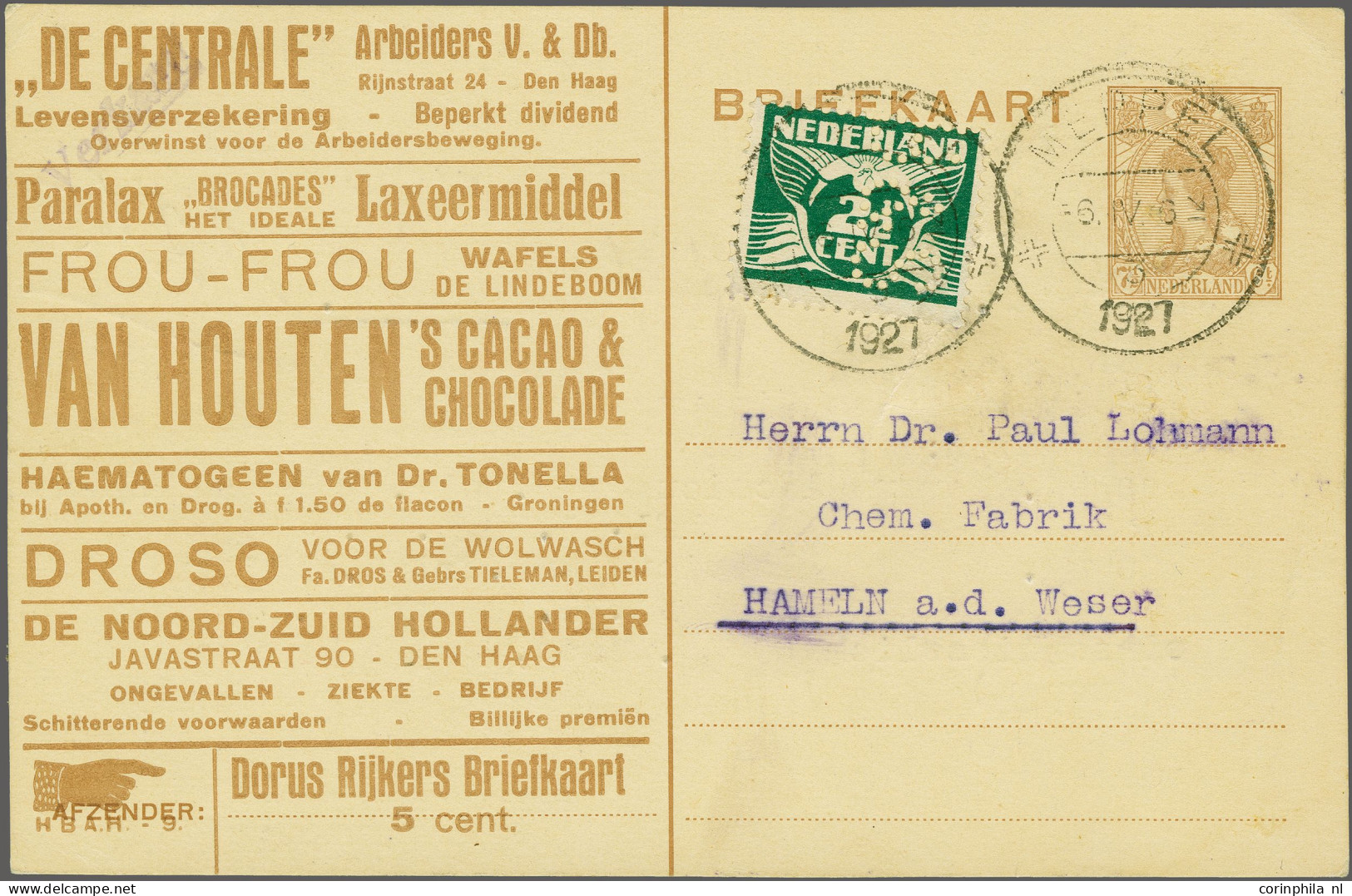 Cover 1925 Huygens Dorus Rijkers-briefkaart Met Reclame, Linksonder H.B.A.H. 9 (kleine Hand) Achterzijde Bedrukt V/H Bro - Postal Stationery